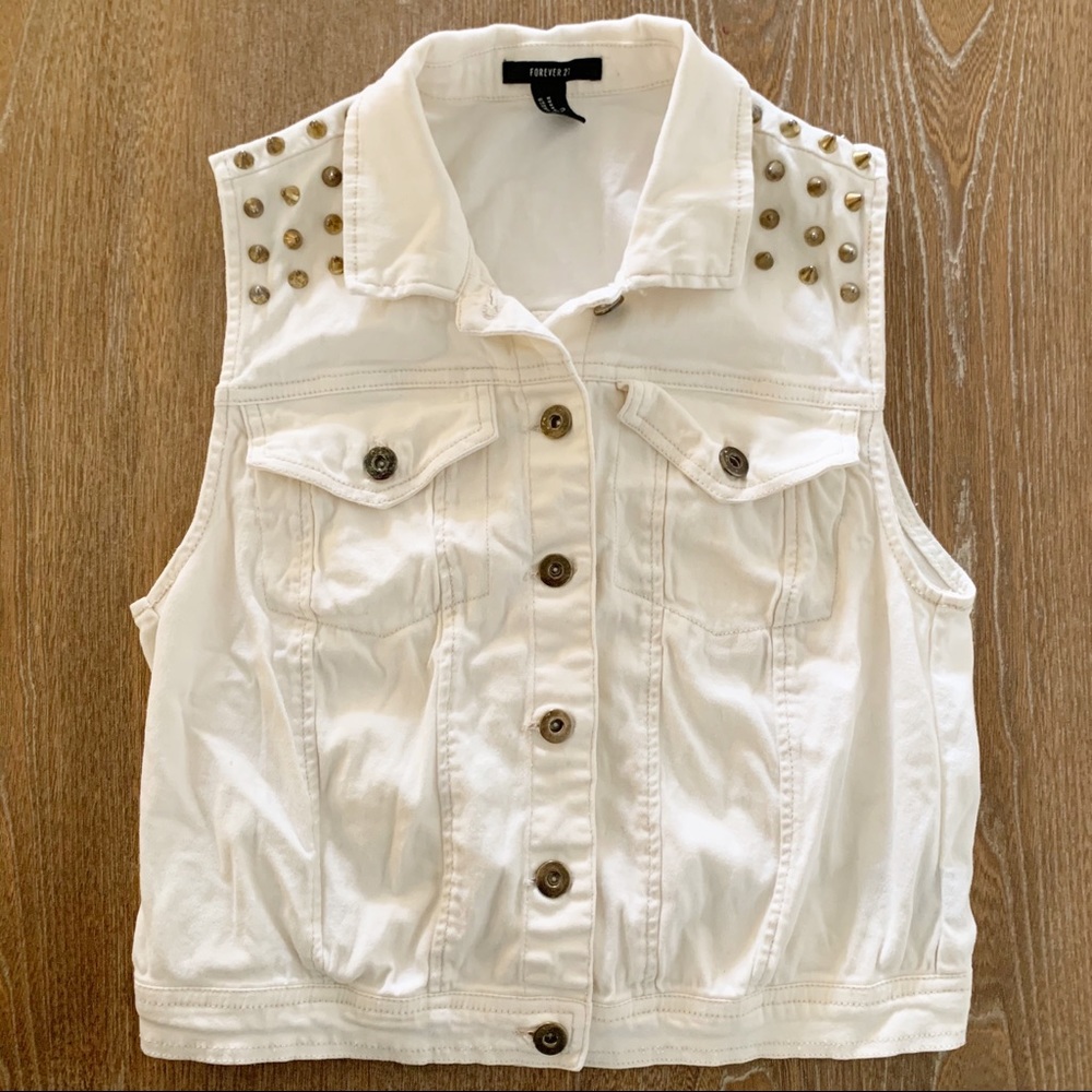 Cropped Cream Stud Denim Jacket Size M